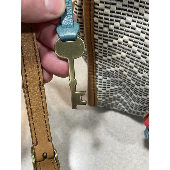 Fossil Claire Small Drawstring Bag Beige/Brown Woven W/Leather Trim Tassel 9x9 - Picture 6 of 14